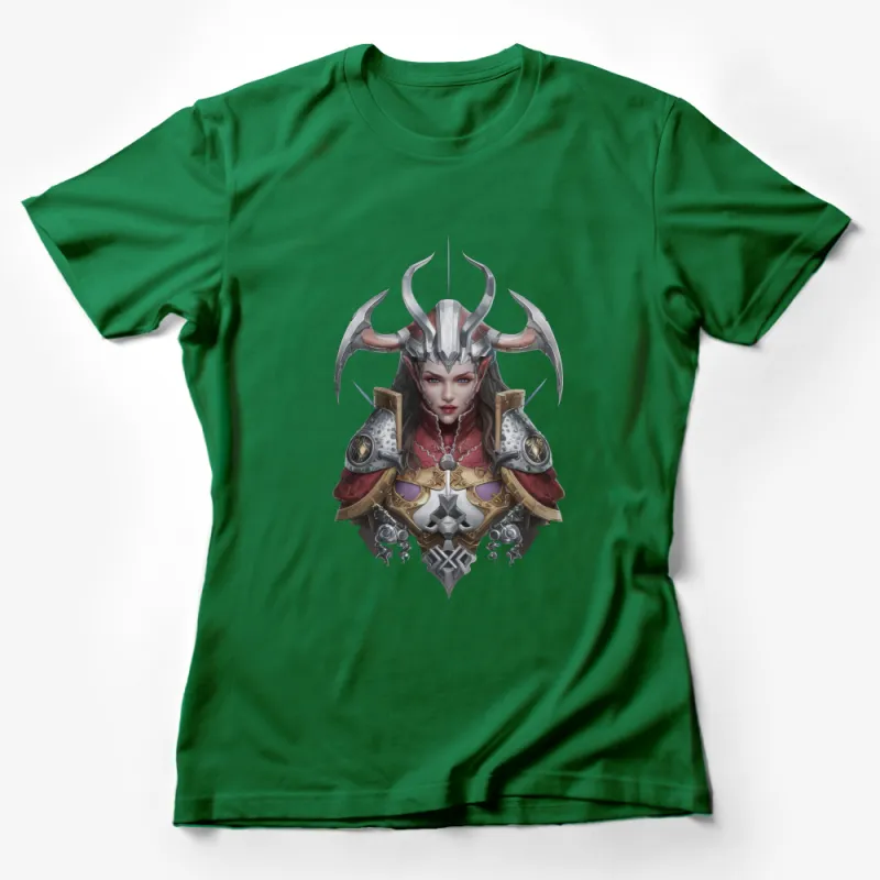 Fantasy Warrior Woman T-Shirt, Elven Armor Design, Silver Helm with Horns, Red Cloak Female T-Shirt