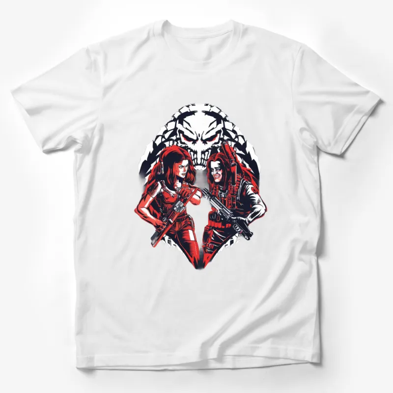 Red and Black Skull Fantasy Art T-Shirt, Dual Wielding Warriors Graphic Tee, Unisex Apparel Male T-Shirt