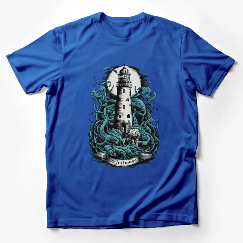 Nautical Lighthouse T-Shirt with Octopus Design, Vintage Ocean Graphic Tee, Sea Life and Beacon Illustration, Unisex Male T-Shirt