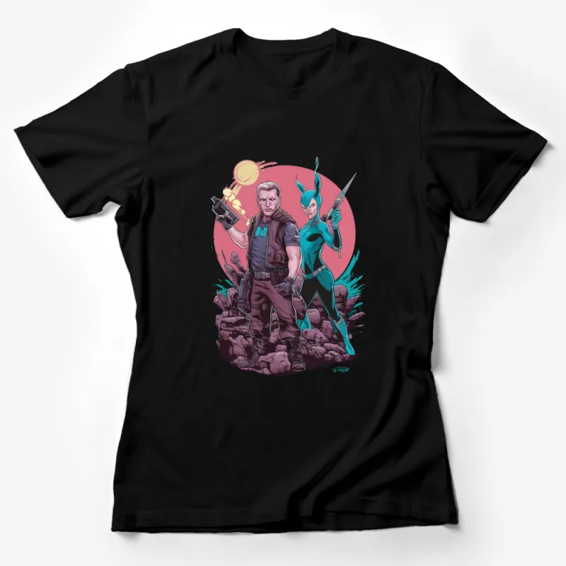 Comic Book Hero and Heroine Graphic T-Shirt, Unique Superhero Tee, Colorful Artwork Apparel Female T-Shirt