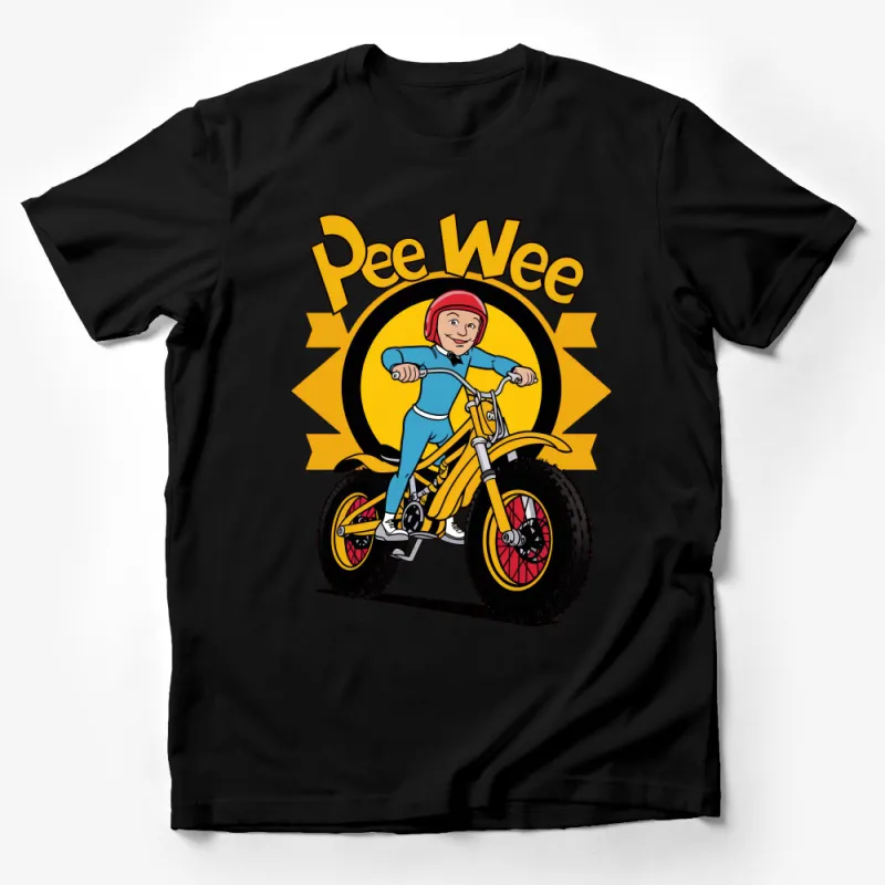 Pee Wee Cartoon Character on Bike, Retro Style Yellow T-Shirt, Fun Graphic Tee for All Ages Male T-Shirt