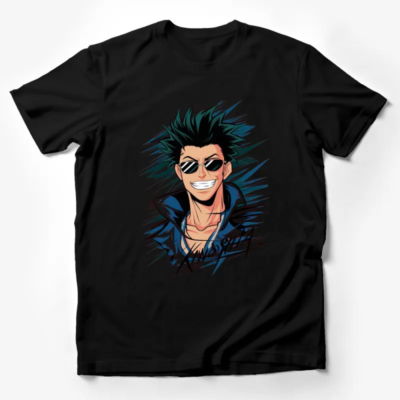 Anime Style Green Haired Character T-Shirt, Cool Sunglasses Graphic Tee, Unisex Fashion Male T-Shirt