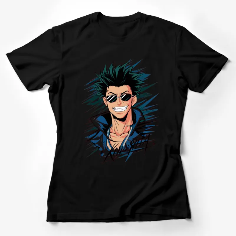 Anime Style Green Haired Character T-Shirt, Cool Sunglasses Graphic Tee, Unisex Fashion Female T-Shirt