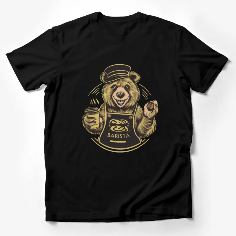 Bear Barista T-Shirt, Coffee Lover Tee, Hipster Bear with Hat and Coffee, Unique Animal Graphic Shirt, Unisex Adult Clothing Male T-Shirt