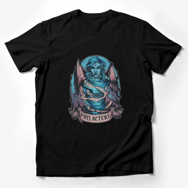 Gothic Fantasy Art T-Shirt, Blue Mystic Woman in Lich Form, Phylactery Ribbon Design Male T-Shirt