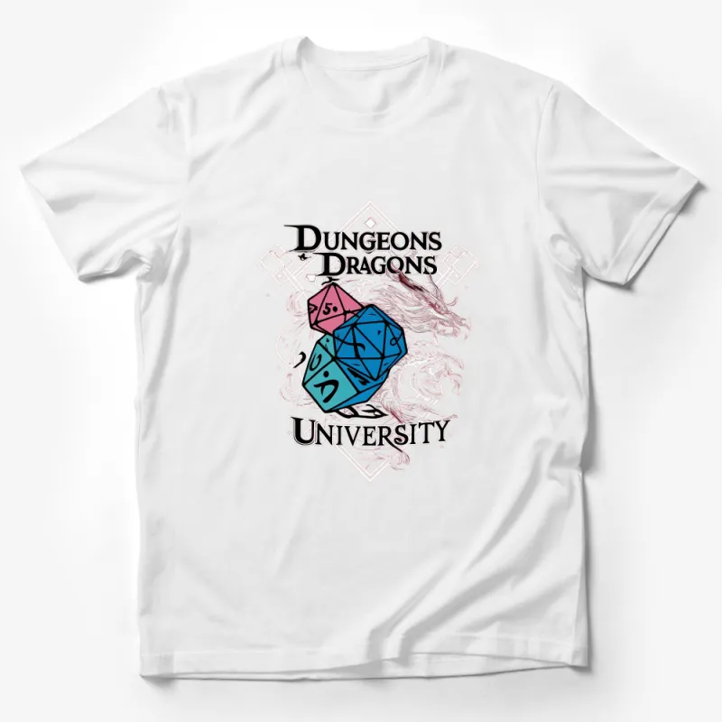 Dungeons Dragons University T-Shirt, Colorful Dice Graphic Tee, Tabletop Gaming Apparel Male T-Shirt