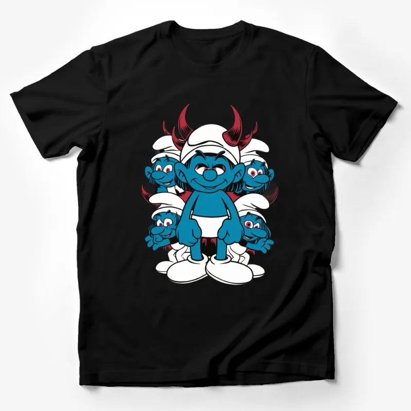 Cartoon Blue Character T-Shirt, Devil Horns, Smiling Faces, Unique Graphic Tee for All Ages Male T-Shirt