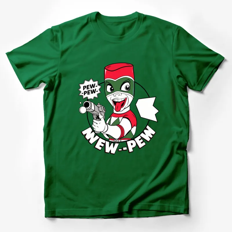 Cartoon Superhero T-Shirt with Laser Gun, Pew-Pew Speech Bubble, Kids and Adults Apparel Male T-Shirt