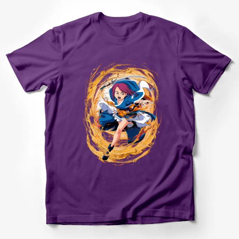 Anime Fire Wizard Girl T-Shirt, Colorful Manga Character Tee, Unique Graphic Design Shirt, Fantasy Apparel Gift for Teens Male T-Shirt