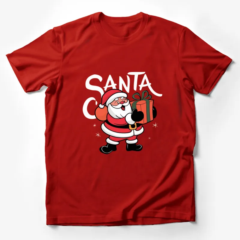 Festive Santa Claus Carrying Gift Cartoon T-Shirt, Cute Christmas Eve Holiday Tee for All Ages Male T-Shirt