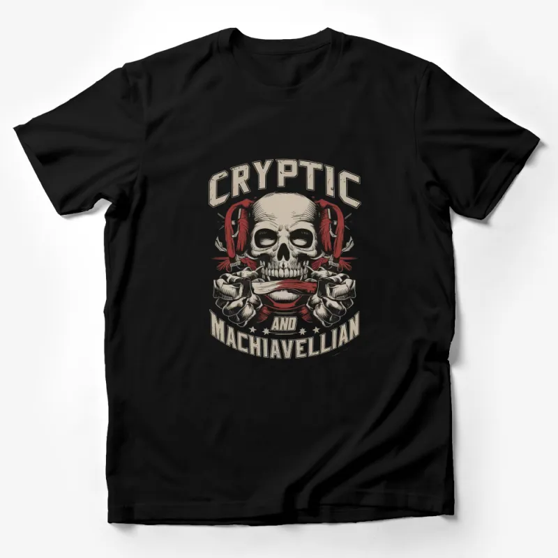 Cryptic and Machiavellian Skull Graphic T-Shirt, Cool Gothic Skull Tee, Unique Streetwear Male T-Shirt