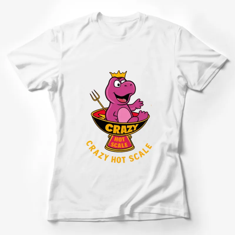 Fun Dinosaur T-Shirt, Crazy Hot Scale, Cartoon Dino with Crown and Fork Graphic Tee Female T-Shirt