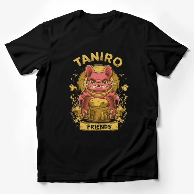 Tanjiro Friends Graphic T-Shirt, Red Creature and Golden Text, Unique Cartoon Character Design Tee Male T-Shirt