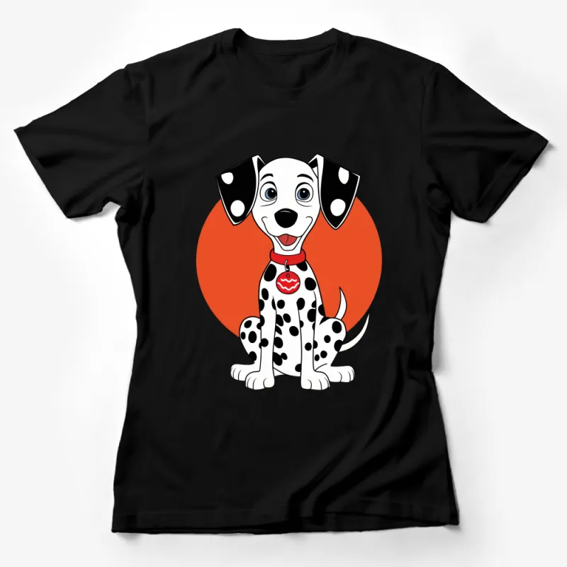 Cute Dalmatian Puppy T-Shirt, Black and White Dog with Red Background, Pet Lover Gift, Cartoon Animal Tee, Unisex Kids and Adult Sizes Female T-Shirt