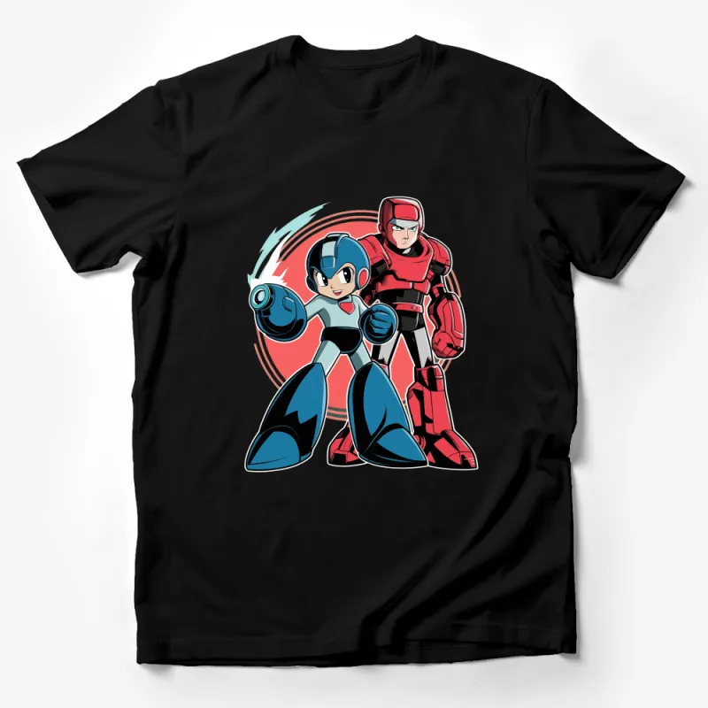 Retro Blue and Red Robot Heroes Graphic T-Shirt, Classic Video Game Characters, Unisex Tee Male T-Shirt