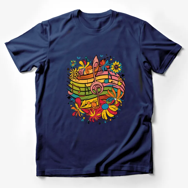 Colorful Music Notes and Floral Design T-Shirt, Artistic Musical Tee, Vibrant Unisex Music Lover Shirt Male T-Shirt