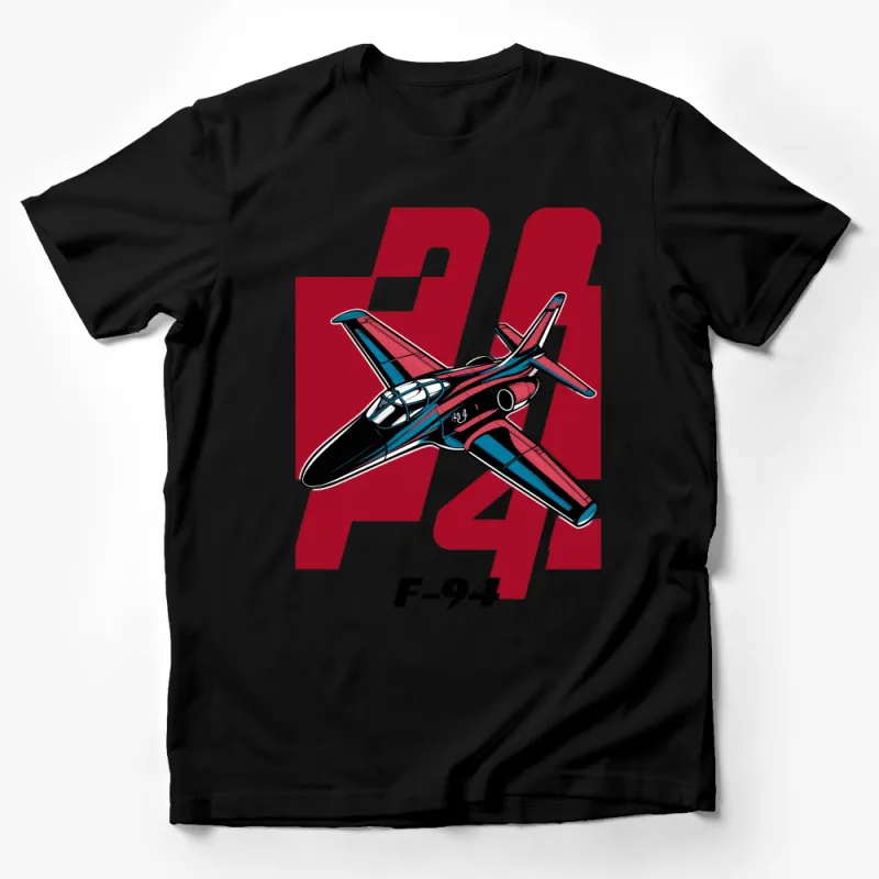 Vintage F-94 Jet Fighter Graphic T-Shirt, Retro Military Aircraft Tee, Red and Black Male T-Shirt