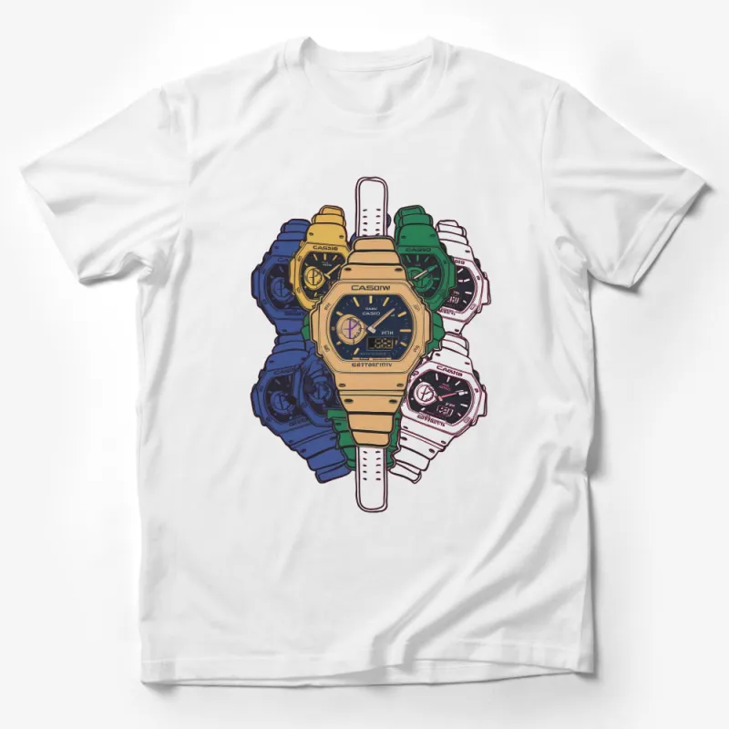 Colorful Casio Watches Graphic T-Shirt, Vintage Inspired Watch Design, Unisex Apparel Male T-Shirt