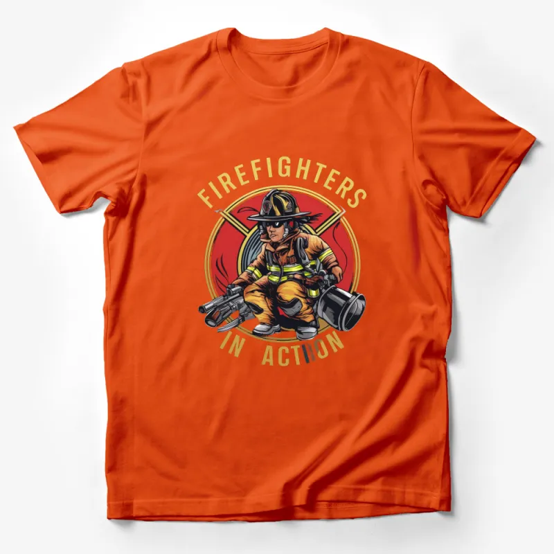 Firefighter in Action Graphic T-Shirt, Fireman with Hose Illustration Tee, Emergency Services Apparel Male T-Shirt