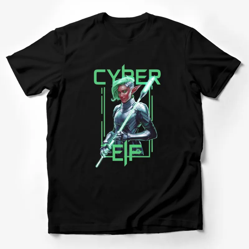 Cyber Elf Warrior T-Shirt, Futuristic Fantasy Character, Sci-Fi Green and Silver Tee, Unisex Graphic Shirt Male T-Shirt