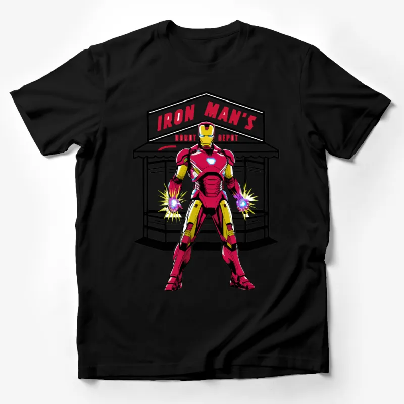 Iron Man's Donut Depot Graphic T-Shirt, Superhero Fan Art, Unique Marvel Inspired Tee, Bold Colorful Design Male T-Shirt