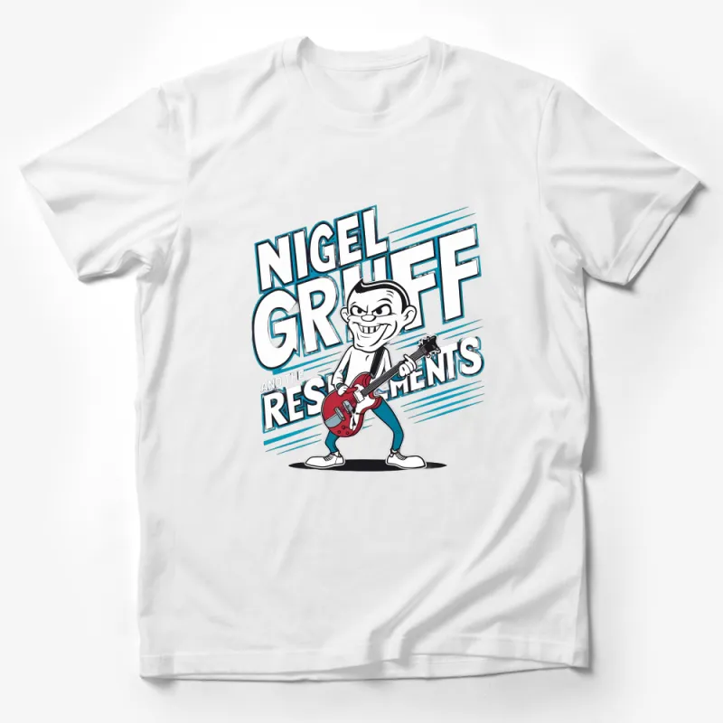 Nigel Gruff Rock Band Graphic T-Shirt, Cool Musician Cartoon Character Top, Unique Guitar Player Tee Male T-Shirt