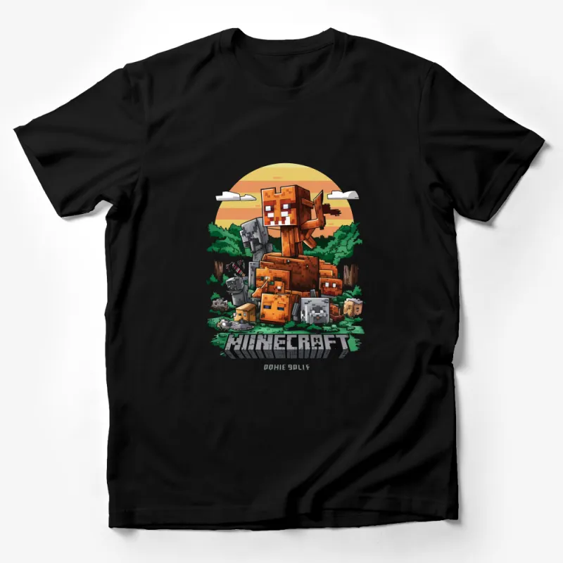 Minecraft Video Game Inspired T-Shirt, Pixelated Fox and Environment Design, Fan Art Apparel Male T-Shirt