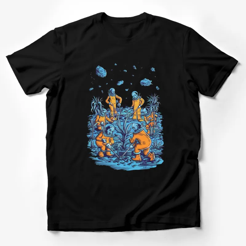 Astronaut Farmers on Alien Planet, Unique Space Farming Graphic T-Shirt, Sci-Fi Art Tee Male T-Shirt