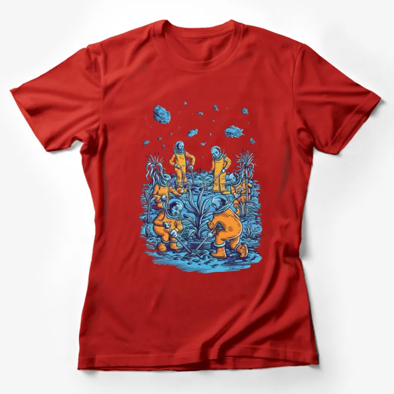 Astronaut Farmers on Alien Planet, Unique Space Farming Graphic T-Shirt, Sci-Fi Art Tee Female T-Shirt