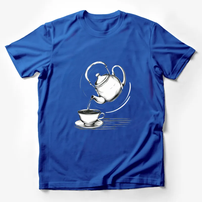 Floating Teapot Pouring Tea Into Cup Sketch, Artistic T-Shirt Design, Unique Graphic Tee Male T-Shirt