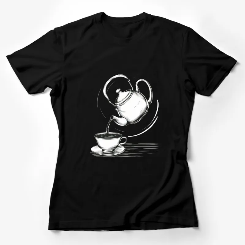 Floating Teapot Pouring Tea Into Cup Sketch, Artistic T-Shirt Design, Unique Graphic Tee Female T-Shirt