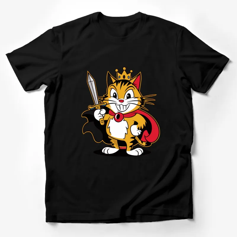 Royal Cat T-Shirt, Cartoon King Feline with Sword and Cape, Cute Animal Graphic Tee, Unisex Shirt for All Ages Male T-Shirt