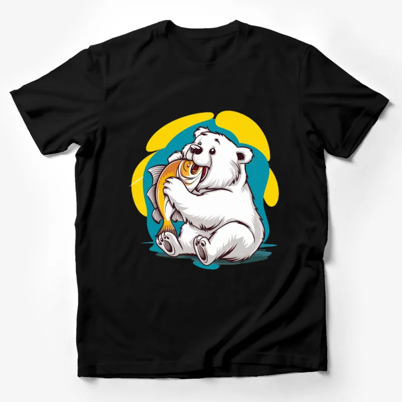 Funny Bear T-Shirt, Cute Polar Bear Hugging Fish, Cartoon Animal Tee, Unisex Graphic Shirt Design Male T-Shirt