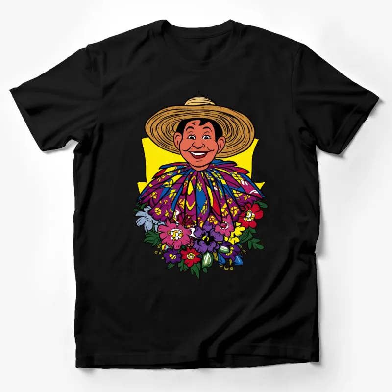 Bright Floral Design T-Shirt with Smiling Man in Straw Hat, Colorful Summer Style Tee, Unisex Male T-Shirt