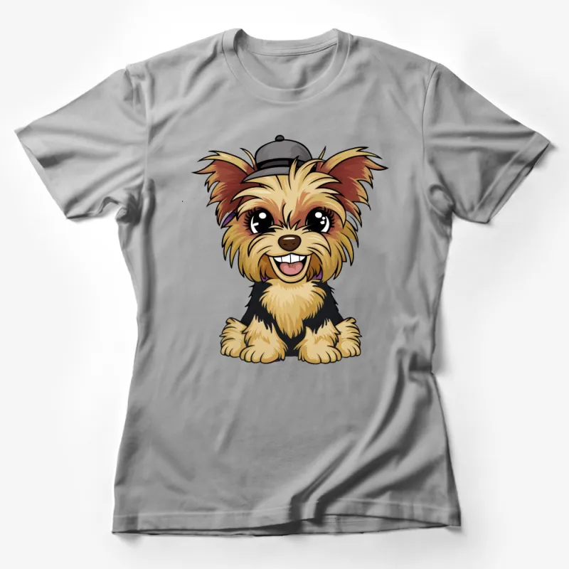 Cute Yorkie Puppy in Hat Cartoon T-Shirt, Adorable Dog Lover Gift, Unisex Graphic Tee for All Ages Female T-Shirt