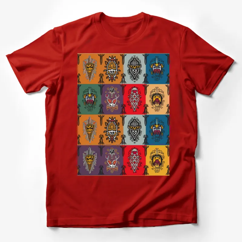 Tribal Mask Pattern T-Shirt, Colorful African Inspired Design, Unisex Fashion Tee Male T-Shirt