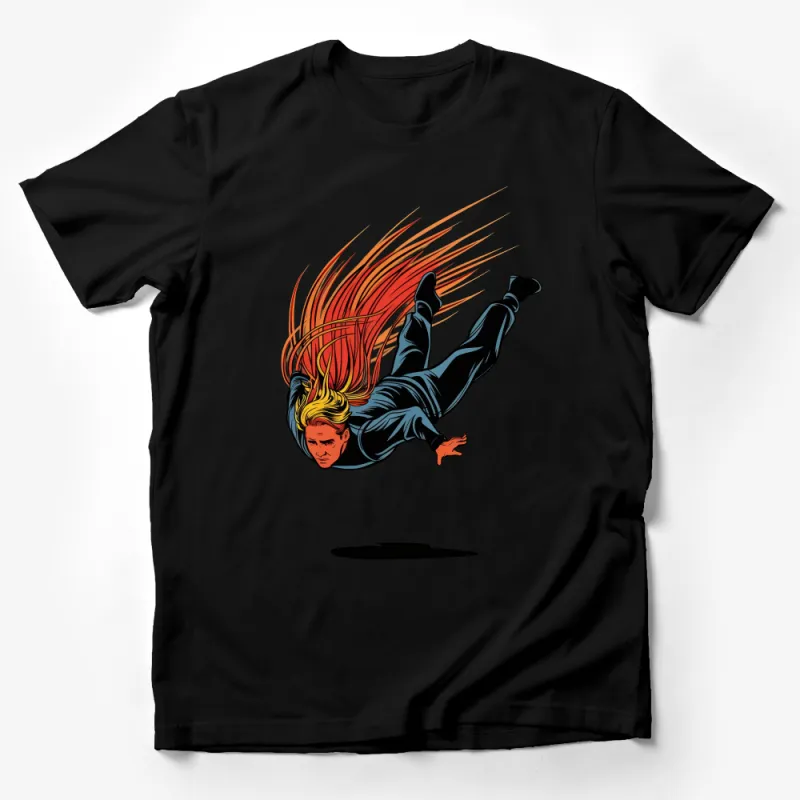 Superhero Flying High T-Shirt, Flame Hair Hero Graphic Tee, Bold Comic Style Shirt for Fans Male T-Shirt