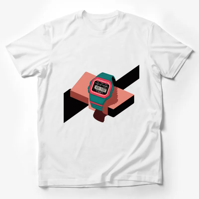 Retro Digital Watch Graphic T-Shirt, Vintage-Inspired 90s Style Teal Timepiece Design, Unique Casual Wear for All Male T-Shirt