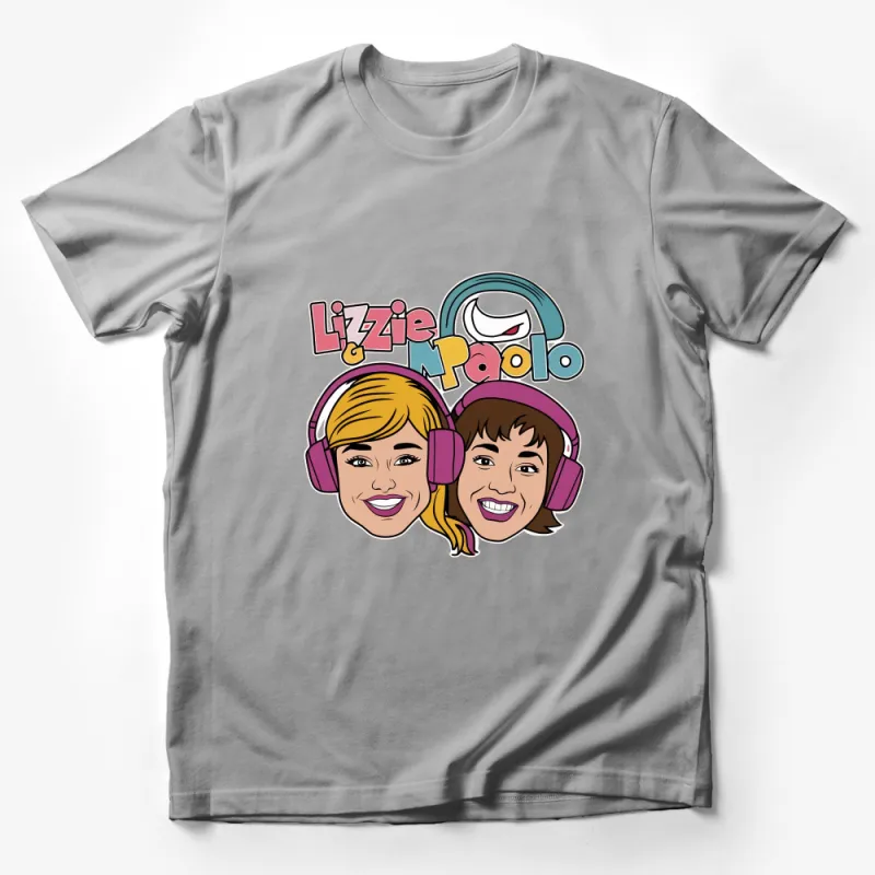 Colorful Cartoon Radio Hosts Lizzie and Paolo T-Shirt, Fun Graphic Tee, Music Lovers, Podcast Enthusiasts Apparel Male T-Shirt