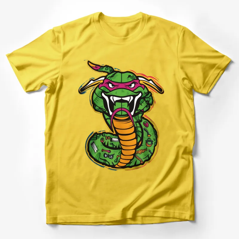 Funky Green Snake Cartoon Character T-Shirt, Colorful Urban Streetwear, Unisex Graphic Tee Male T-Shirt