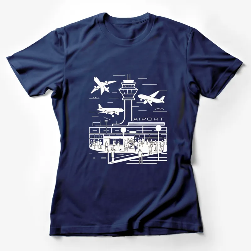 Minimalist Airport Line Art T-Shirt, Travel Enthusiast Graphic Tee, Unique Airplane Design Shirt Female T-Shirt