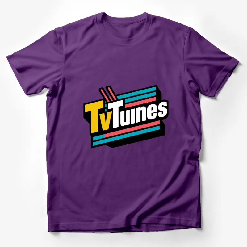 Retro TV Tunes Logo T-Shirt, Vintage Television Theme Music Fan Tee, Colorful Striped Graphic Male T-Shirt