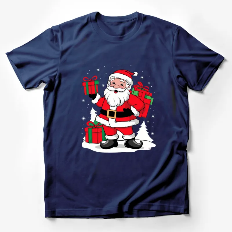 Festive Santa Claus T-Shirt with Gifts, Christmas Holiday Graphic Tee, Unisex Male T-Shirt