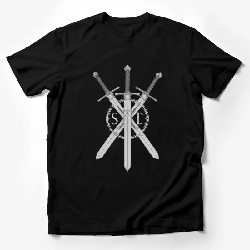 Vintage Sword Emblem Graphic T-Shirt, Medieval Warrior Swords Design Tee, Unisex Casual Shirt Male T-Shirt