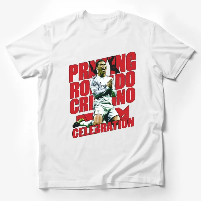 Celebratory Soccer Player Graphic T-Shirt, Red and White, Sports Fan Apparel, Unisex Fit Male T-Shirt