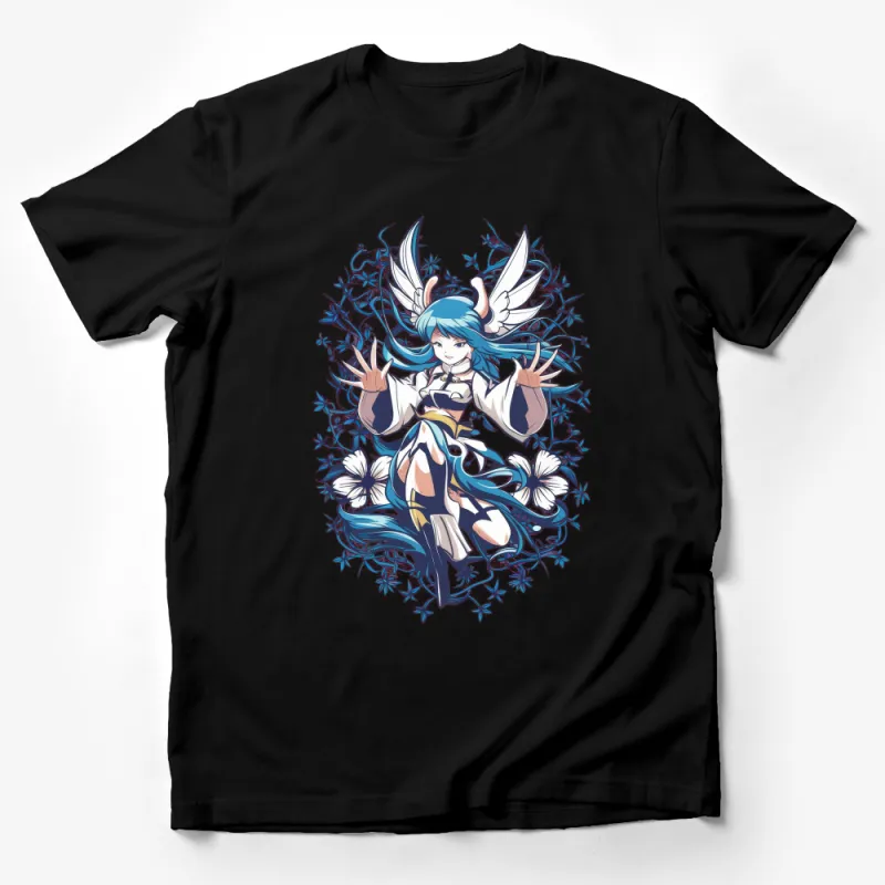 Anime Girl T-Shirt with Blue Hair and Fantasy Floral Background, Unique Graphic Tee for Teens and Adults Male T-Shirt