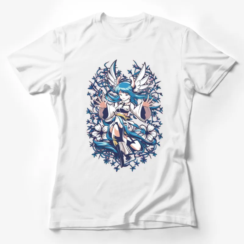 Anime Girl T-Shirt with Blue Hair and Fantasy Floral Background, Unique Graphic Tee for Teens and Adults Female T-Shirt