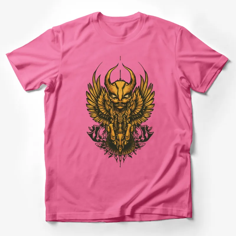 Gothic Horned Demon Skull with Wings Graphic T-Shirt, Bold Golden Print Unisex Tee Male T-Shirt