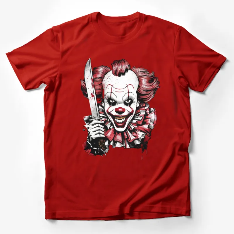 Men's Graphic T-Shirt, Horror Clown with Knife, Blood Splatter, Unique Illustration, Cool Streetwear, Red and White Male T-Shirt