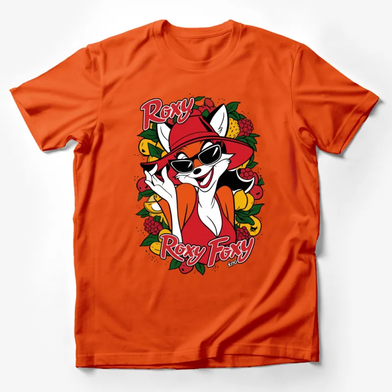 Roxy Foxy Cartoon Fox with Straw Hat and Sunglasses T-Shirt, Fruit Background, Colorful Unisex Tee Male T-Shirt